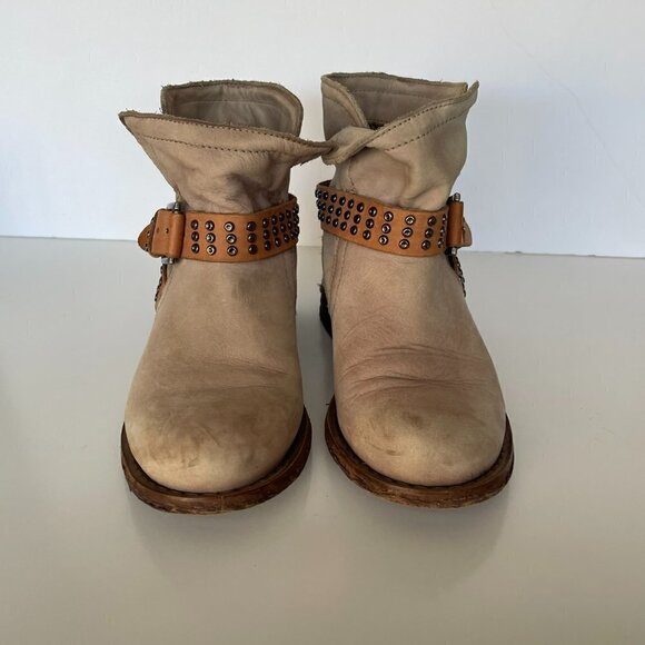 FELMINI Ankle Boots Nobuck Leather Buckle Studded Strap Pull-On Casual Tan 7 - Picture 3 of 11